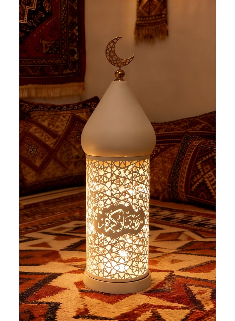 فانوس رمضان مغربي، مصباح LED معدني مجوف أبيض مع قمة قمر ذهبية للديكور الداخلي والخارجي للمنزل، ومركزيات الطاولة، ورمضان، والعيد، وديكورات الزفاف، FD778-L - Image 1
